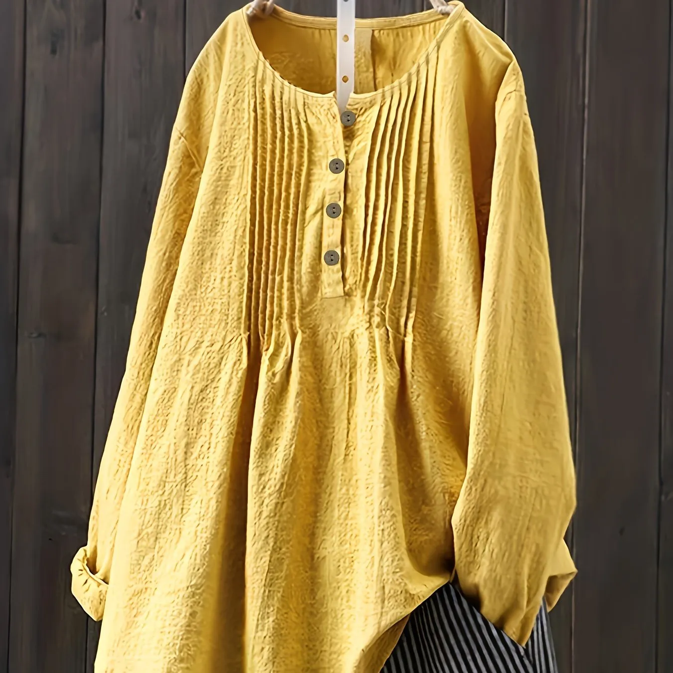 Springready Plus Size Button Front Blouse in Casual Crew Neck