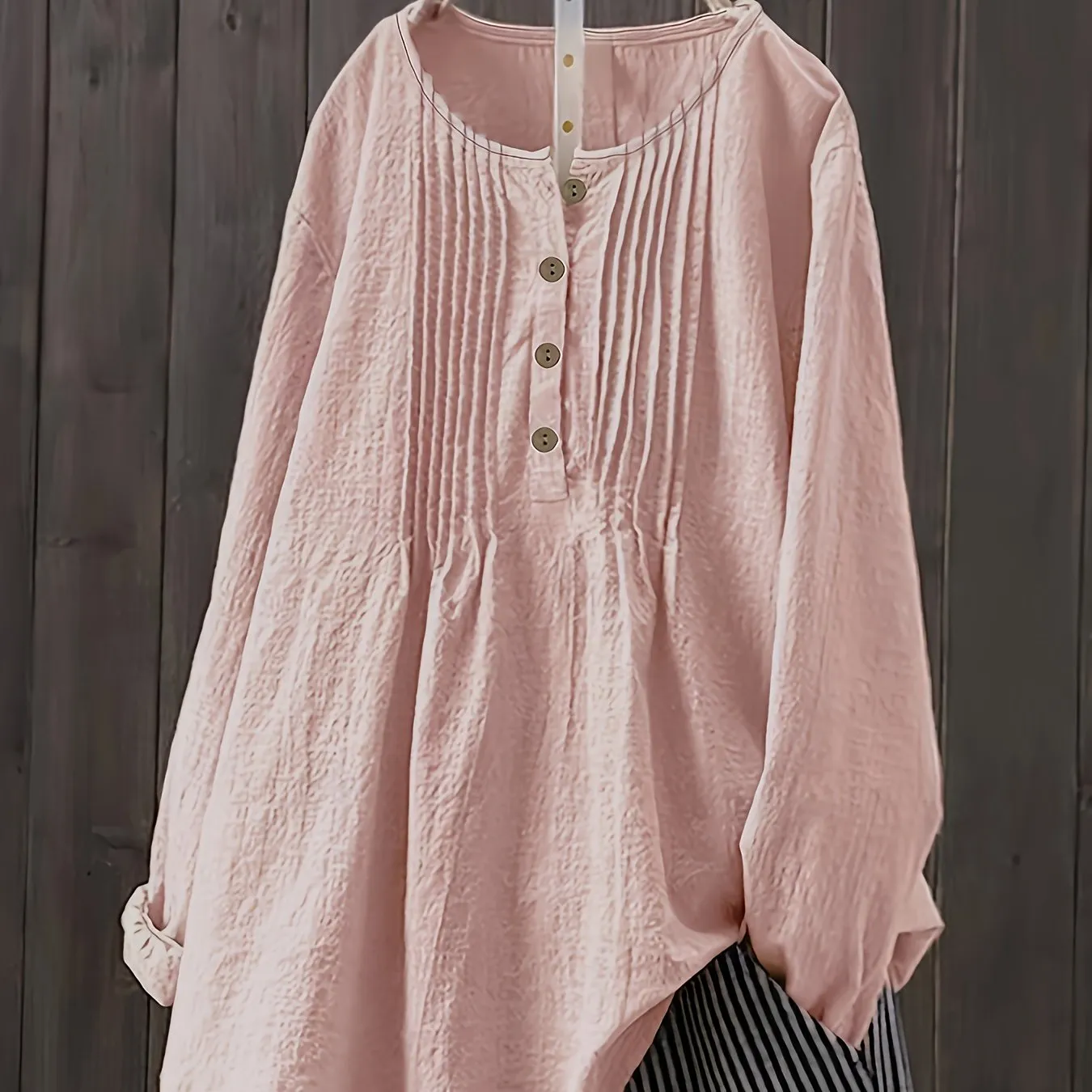 Springready Plus Size Button Front Blouse in Casual Crew Neck