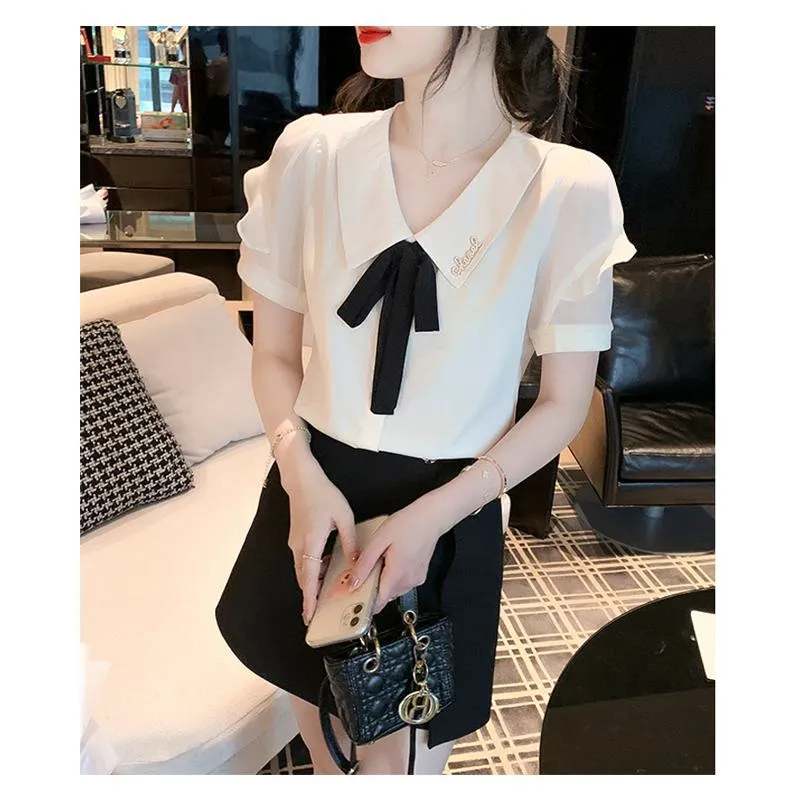 Tie-Up Fairy Ruffle Trim Chiffon Bow Tie Blouse