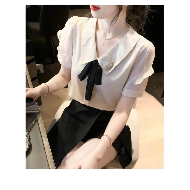 Tie-Up Fairy Ruffle Trim Chiffon Bow Tie Blouse