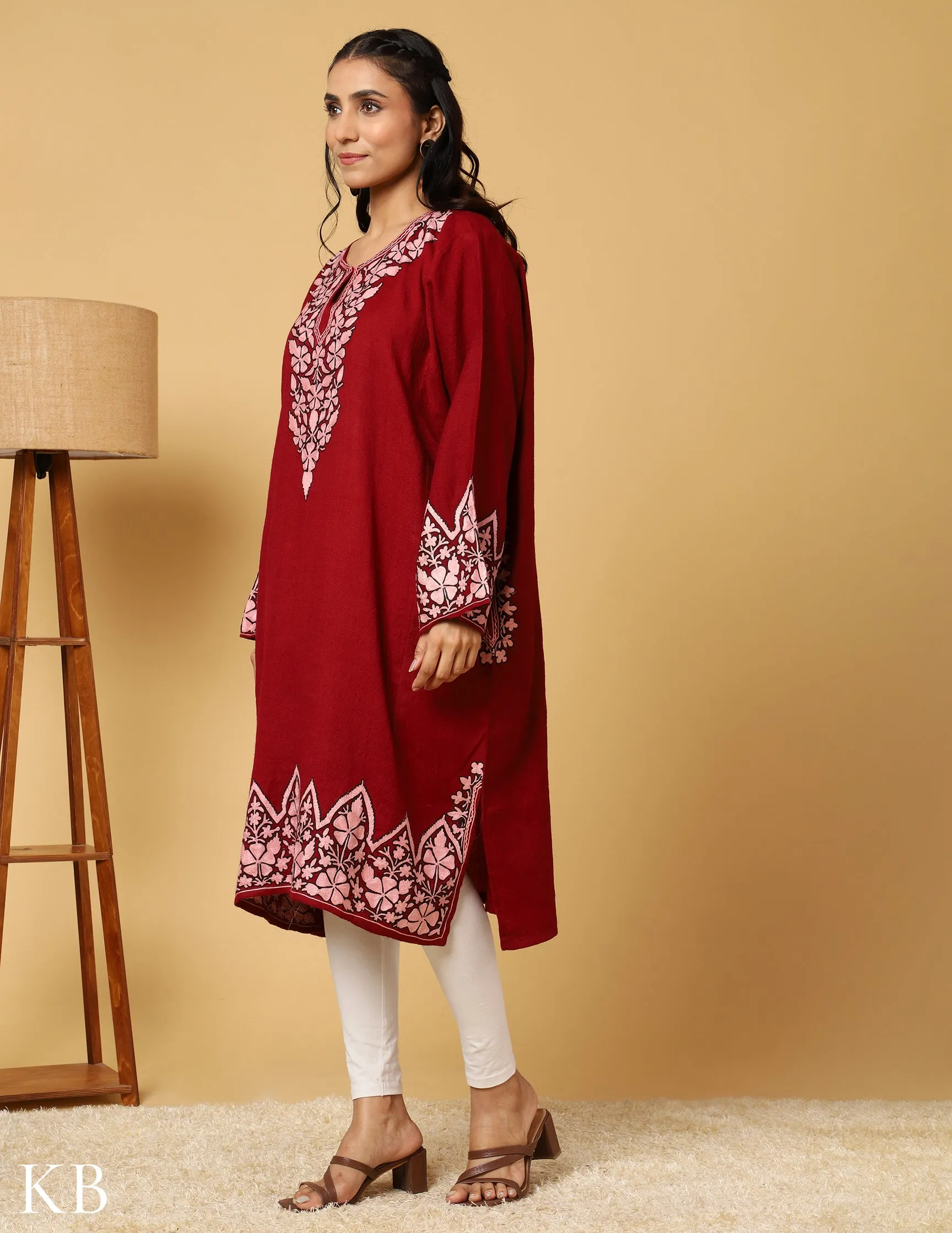 Timeless Maroon Pure Wool Aari Embroidered Phiran