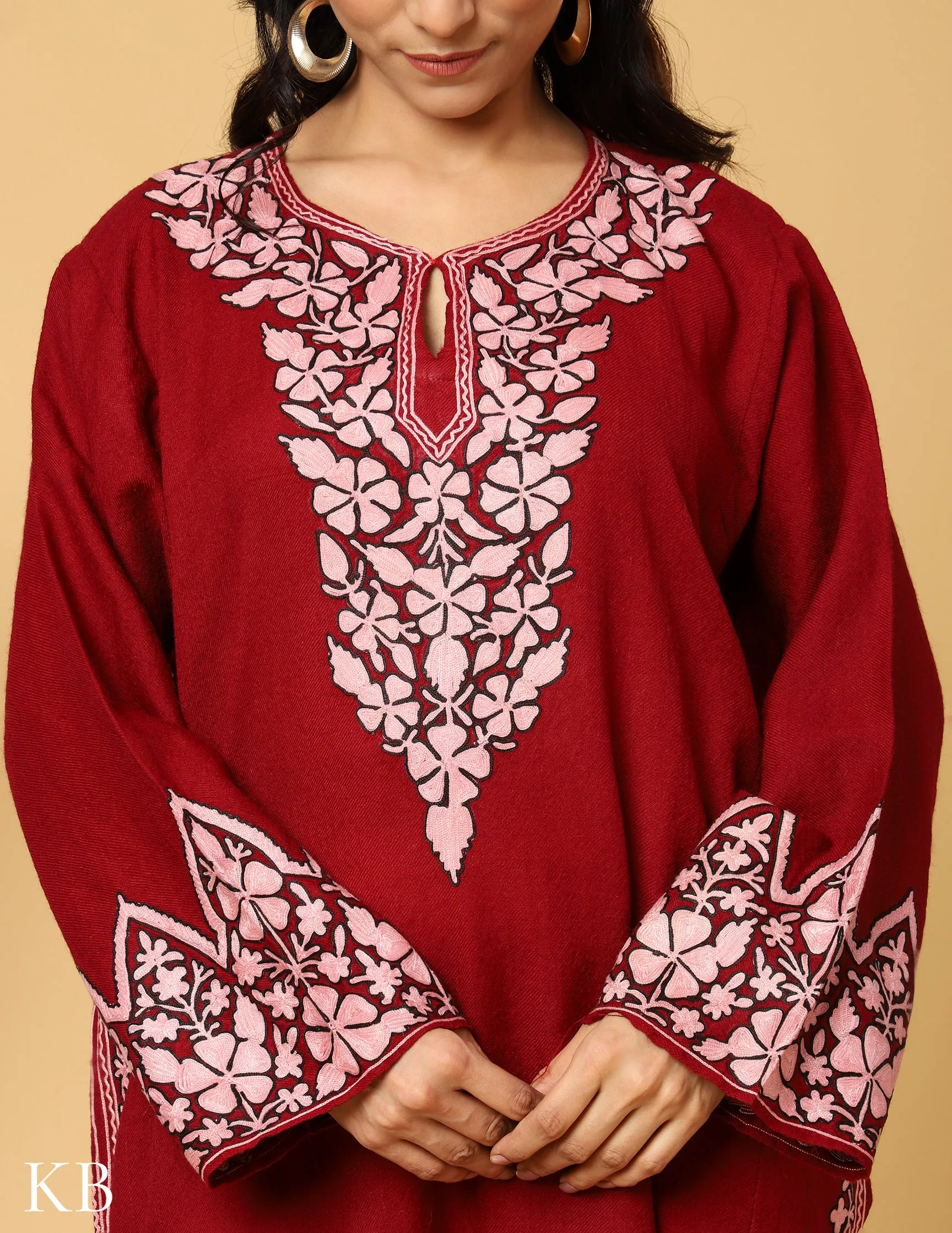 Timeless Maroon Pure Wool Aari Embroidered Phiran