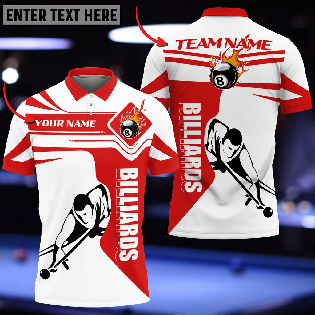 White and Red Billiard 8 Ball Polo Shirt, Customized Name Team for Billiard Player