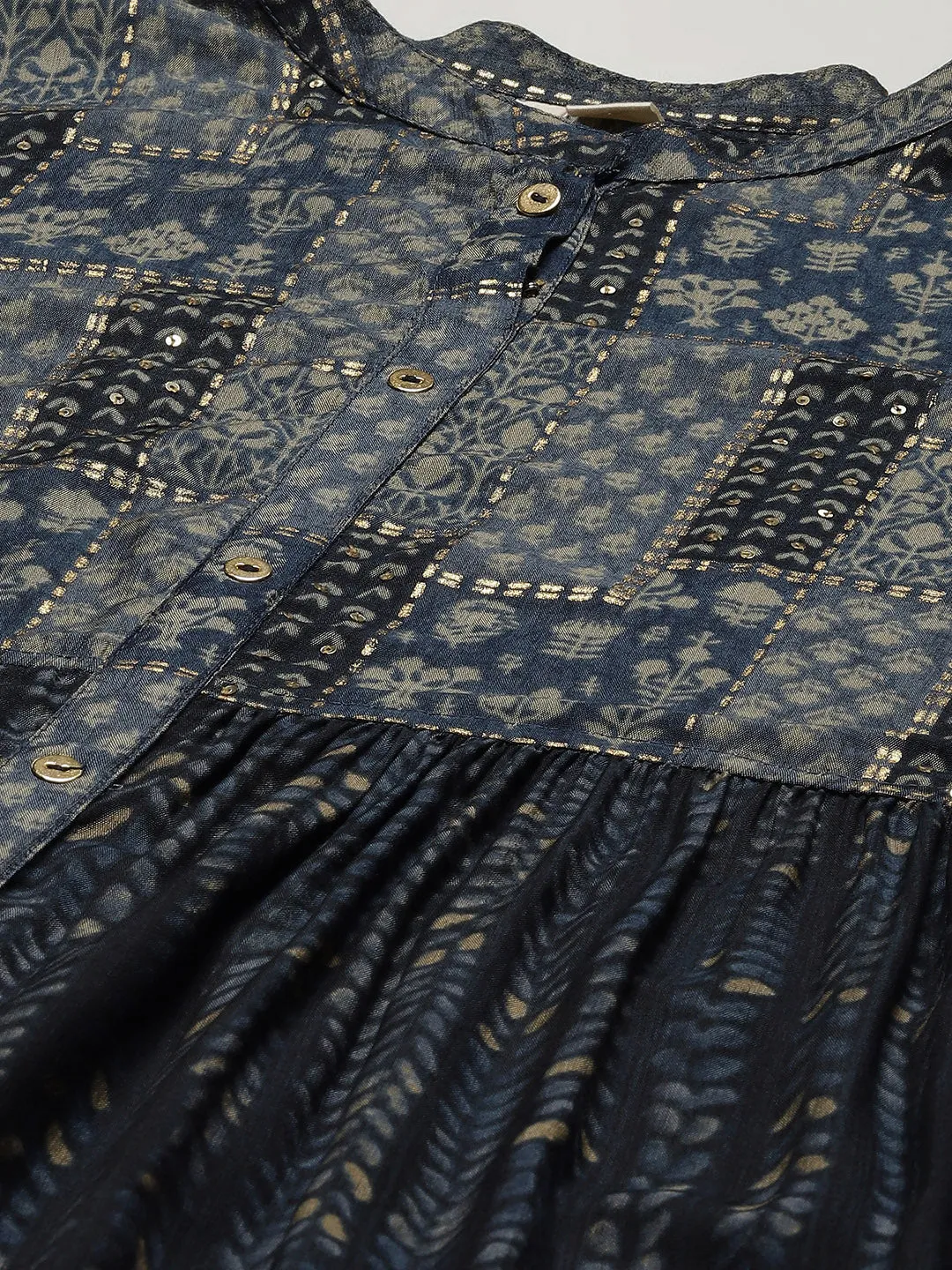 Women Blue Muslin Tiered With Gathered Kurta