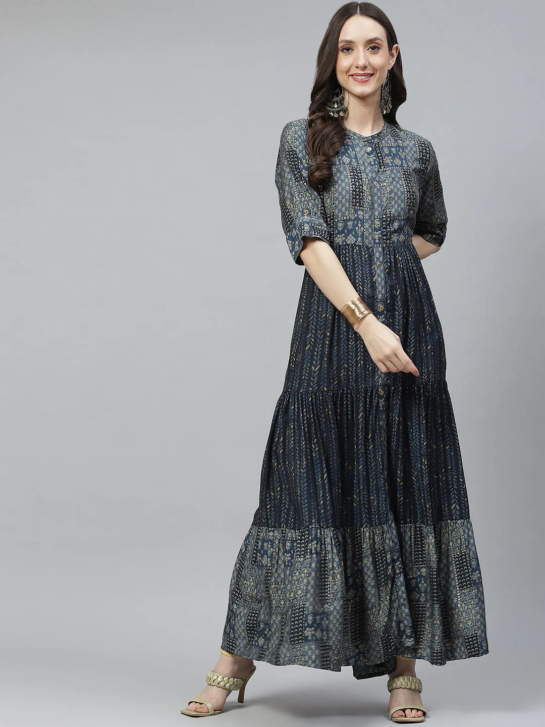 Women Blue Muslin Tiered With Gathered Kurta