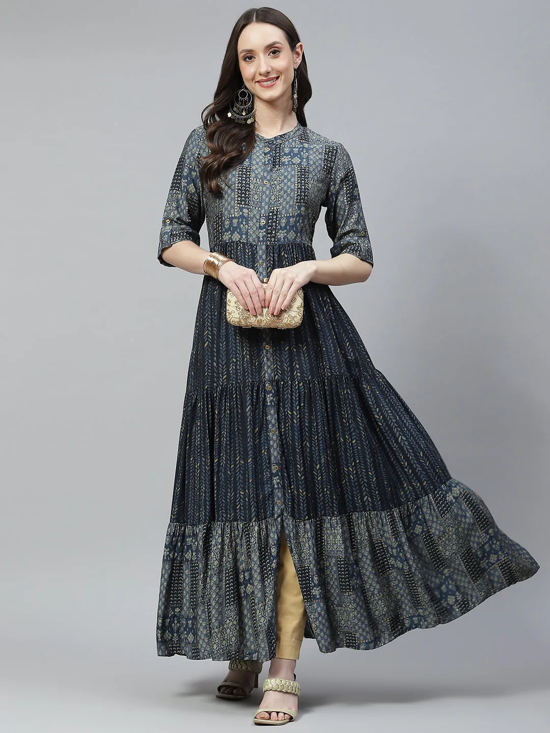 Women Blue Muslin Tiered With Gathered Kurta
