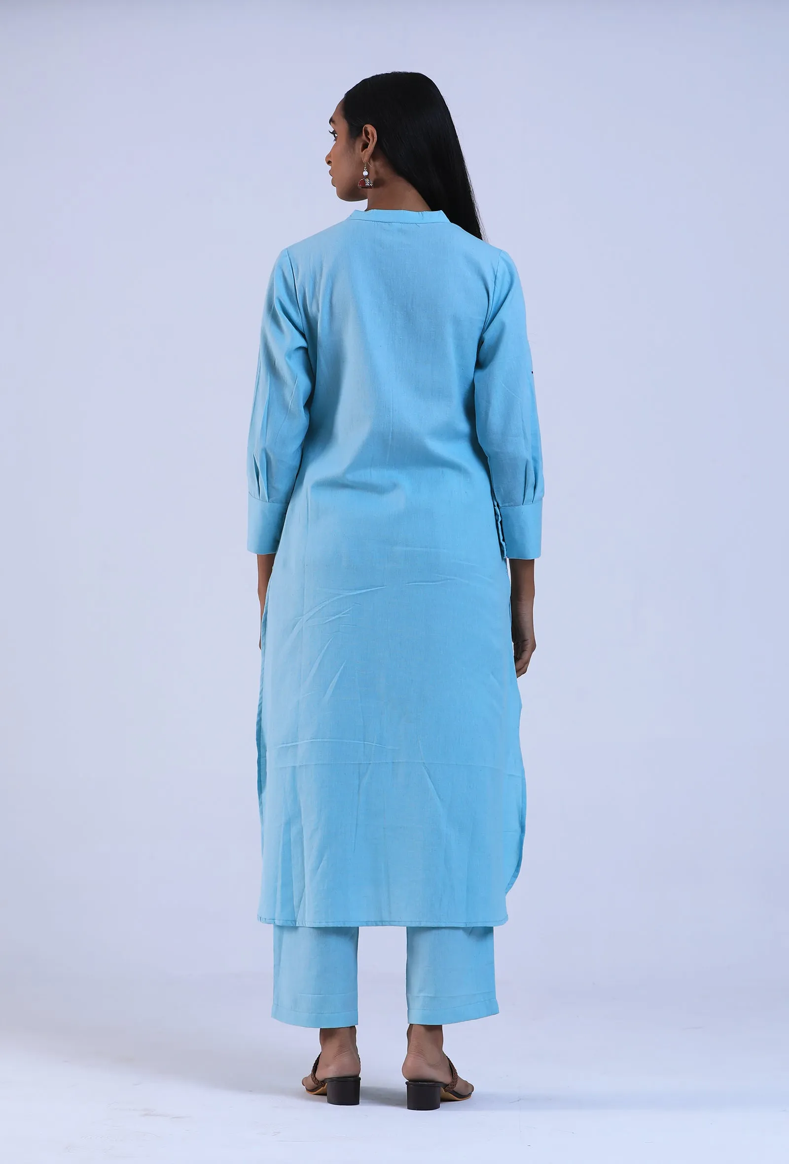 Women Blue V-Neck Cotton Kurta