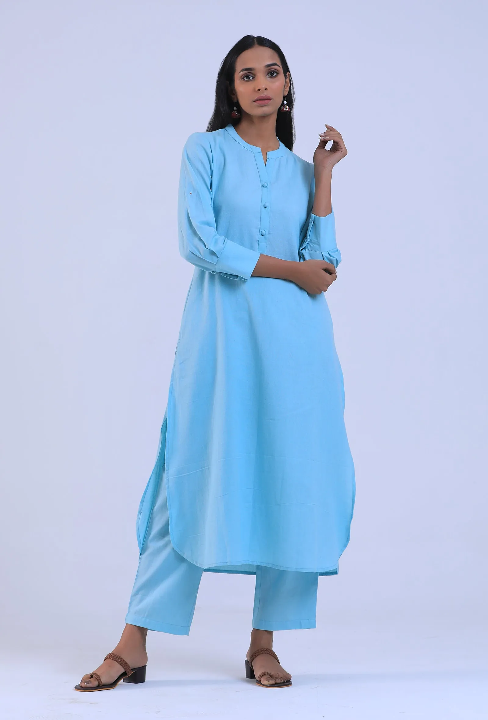 Women Blue V-Neck Cotton Kurta