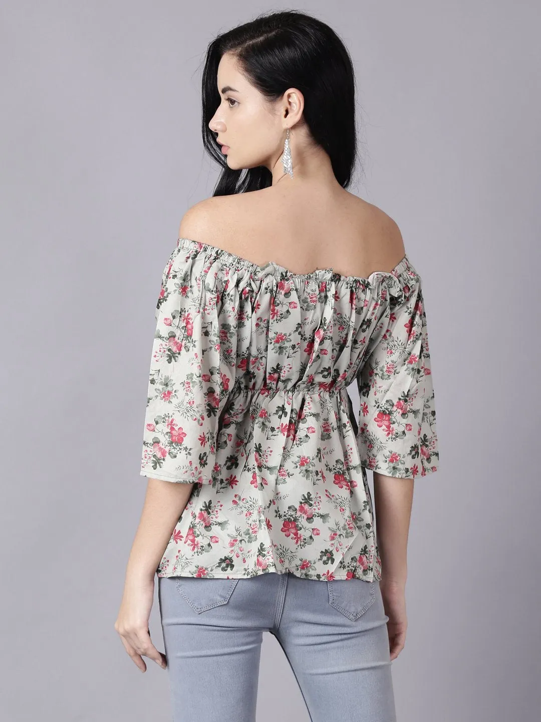 Women Green Casual Printed Off-Shoulder Top