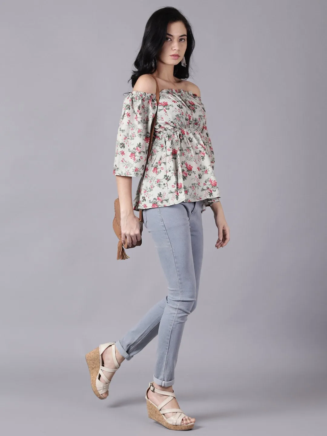 Women Green Casual Printed Off-Shoulder Top