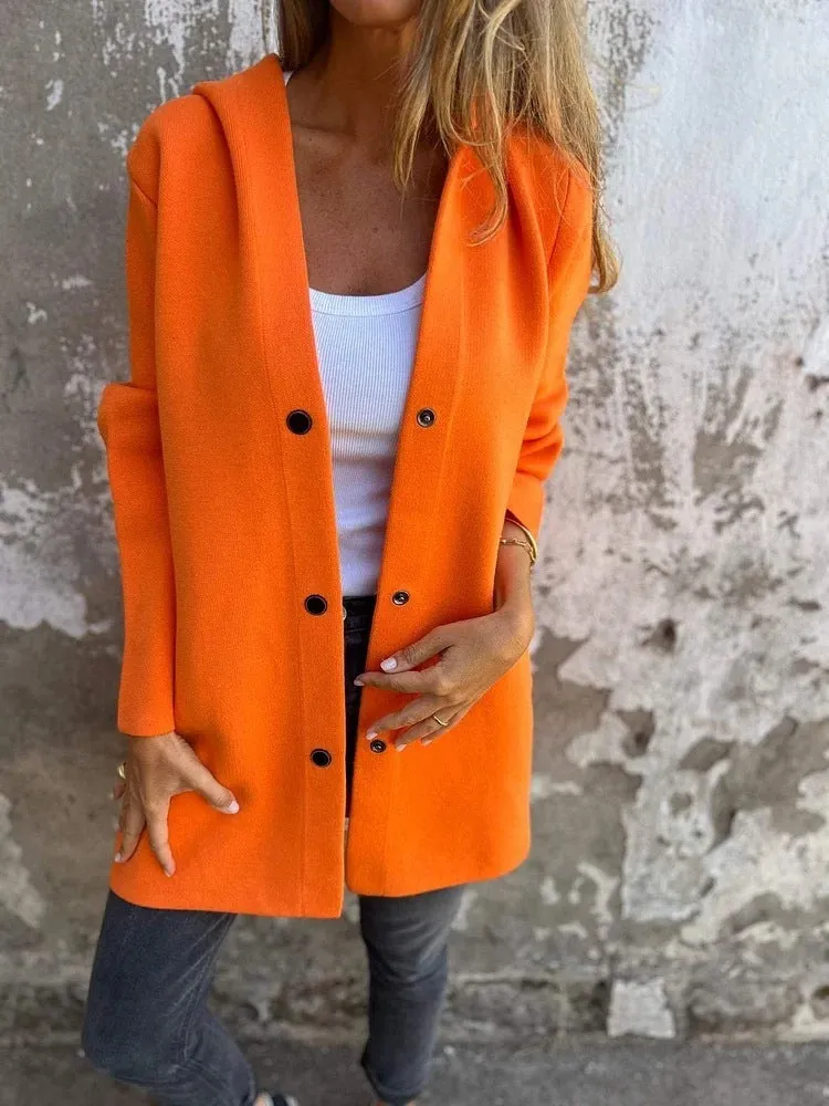 Women's Casual Hooded Single Breasted Cardigan in Solid Colors