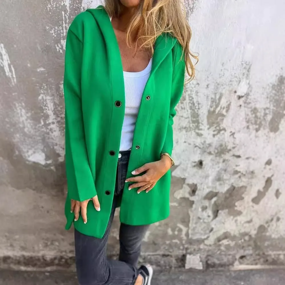 Women's Casual Hooded Single Breasted Cardigan in Solid Colors