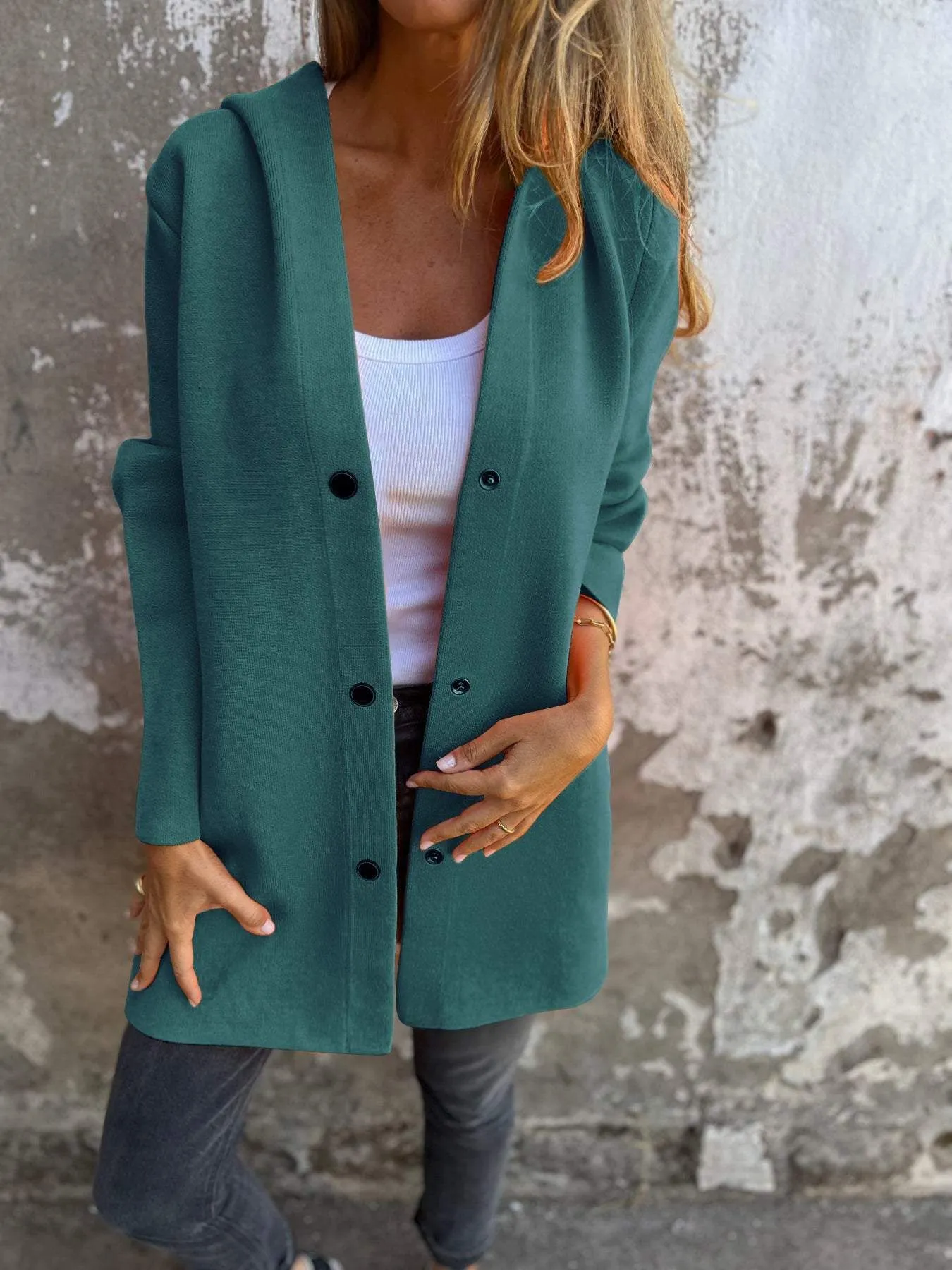 Women's Casual Hooded Single Breasted Cardigan in Solid Colors