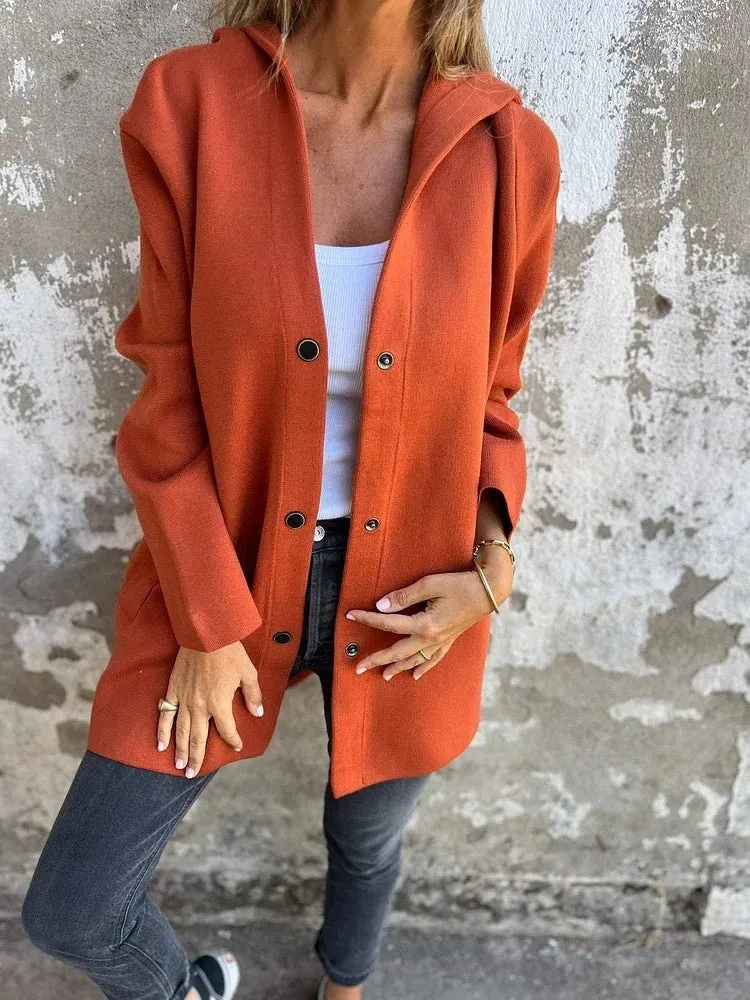 Women's Casual Hooded Single Breasted Cardigan in Solid Colors