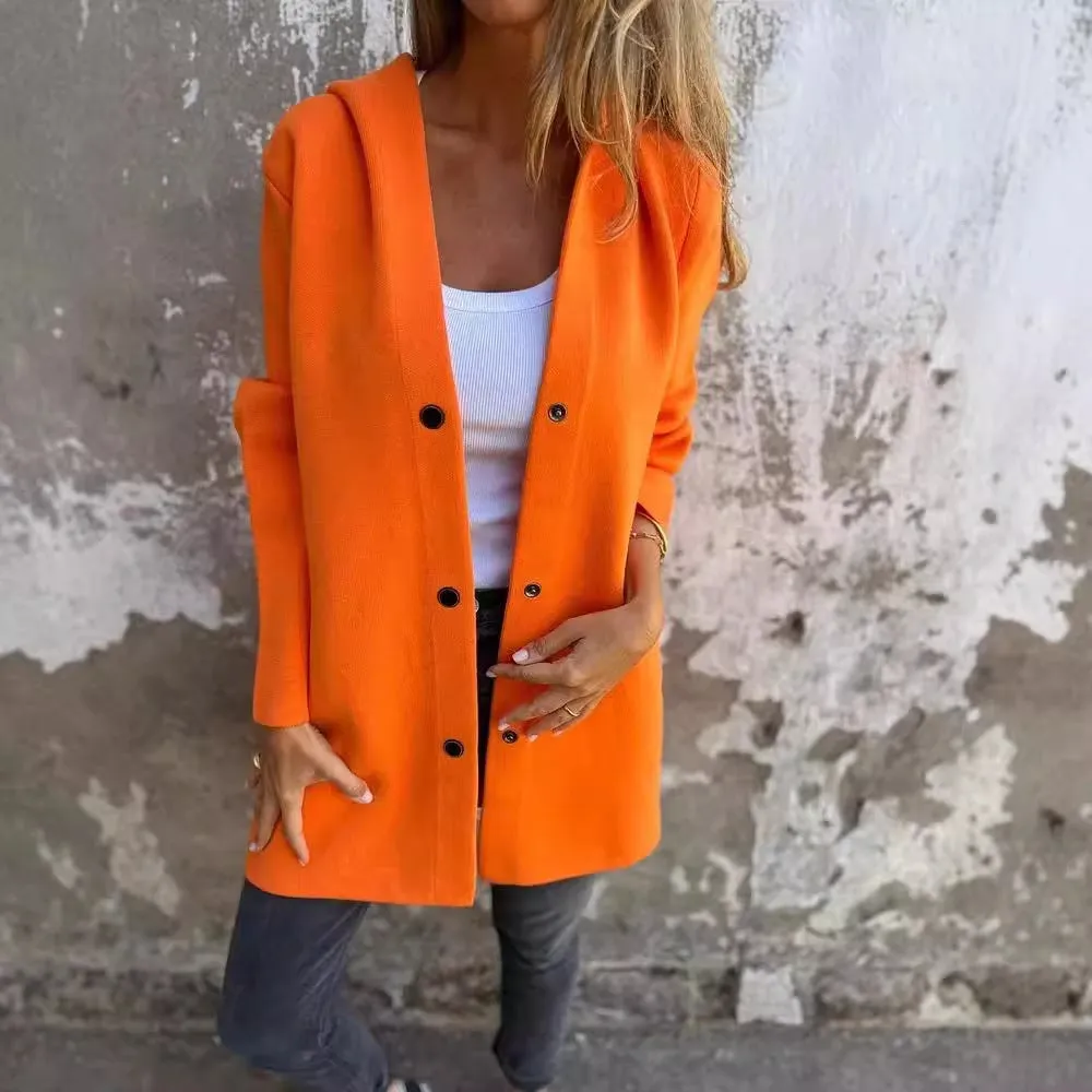 Women's Casual Hooded Single Breasted Cardigan in Solid Colors
