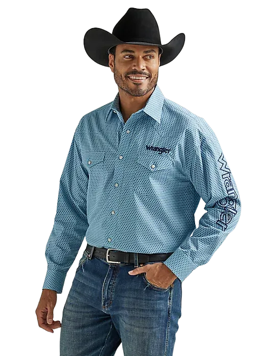 Wrangler Men's Logo Long Sleeve Snap Print In Dusty Aqua Shirt