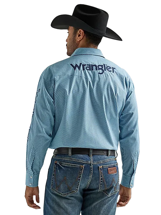Wrangler Men's Logo Long Sleeve Snap Print In Dusty Aqua Shirt